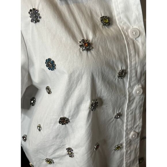 J Crew Collection Gamine Shirt 6 White Jewel Bling Rhinestone Button Up - Picture 7 of 8